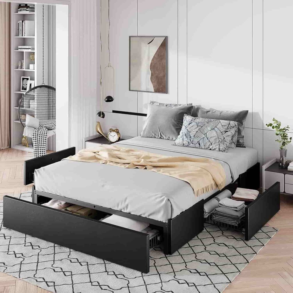 Allewie Full Size 3 Drawer Platform Bed in black leather faux finish