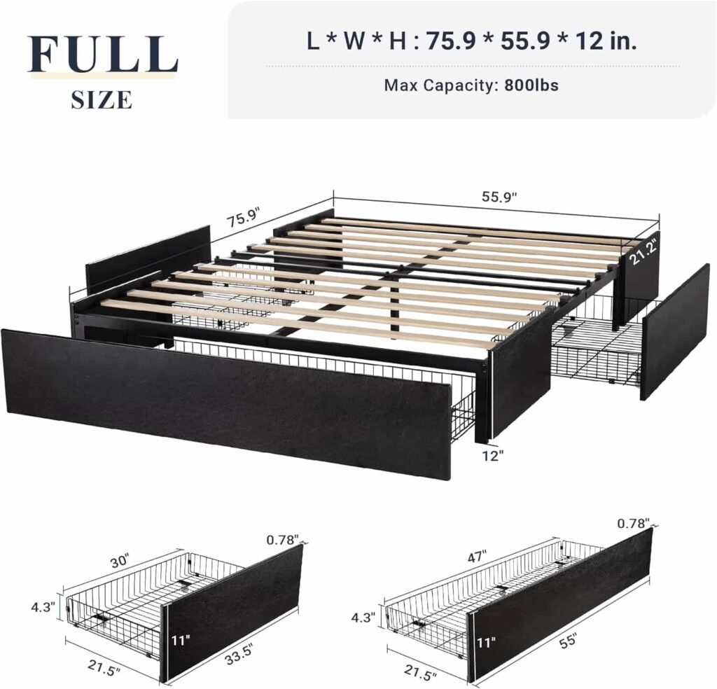 Allewie Full Size 3 Drawer Platform Bed in black leather faux finish