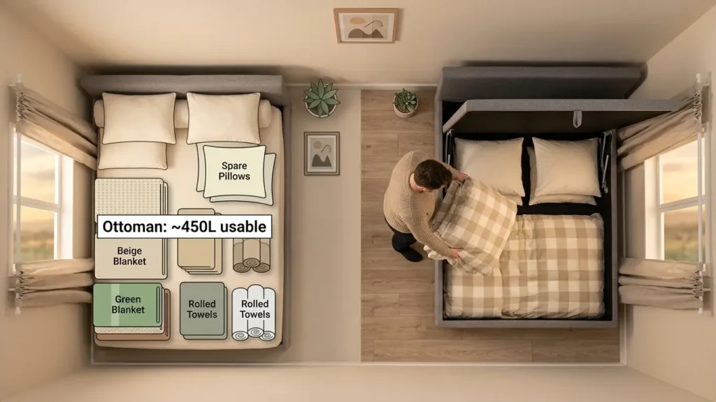 Person storing a duvet in an ottoman bed in a small bedroom with no extra storage furniture