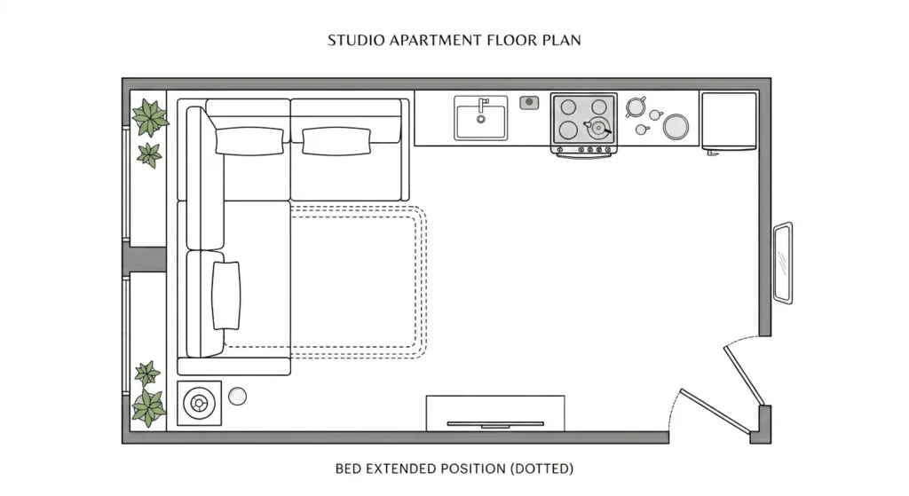 sectional sofa in small studio apartment layout