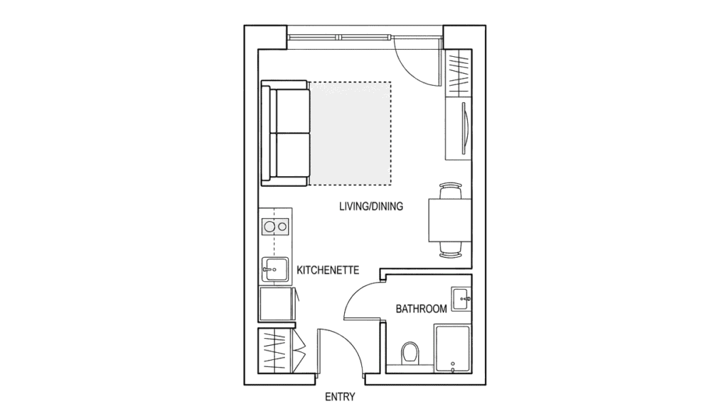 sleeper sofa in studio apartment plan