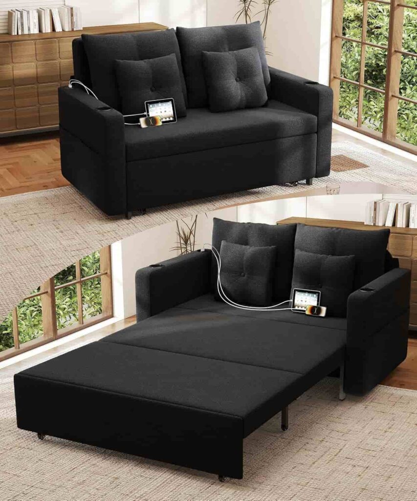 Krcix 3-in-1 convertible sofa bed in black showing sofa and bed configurations