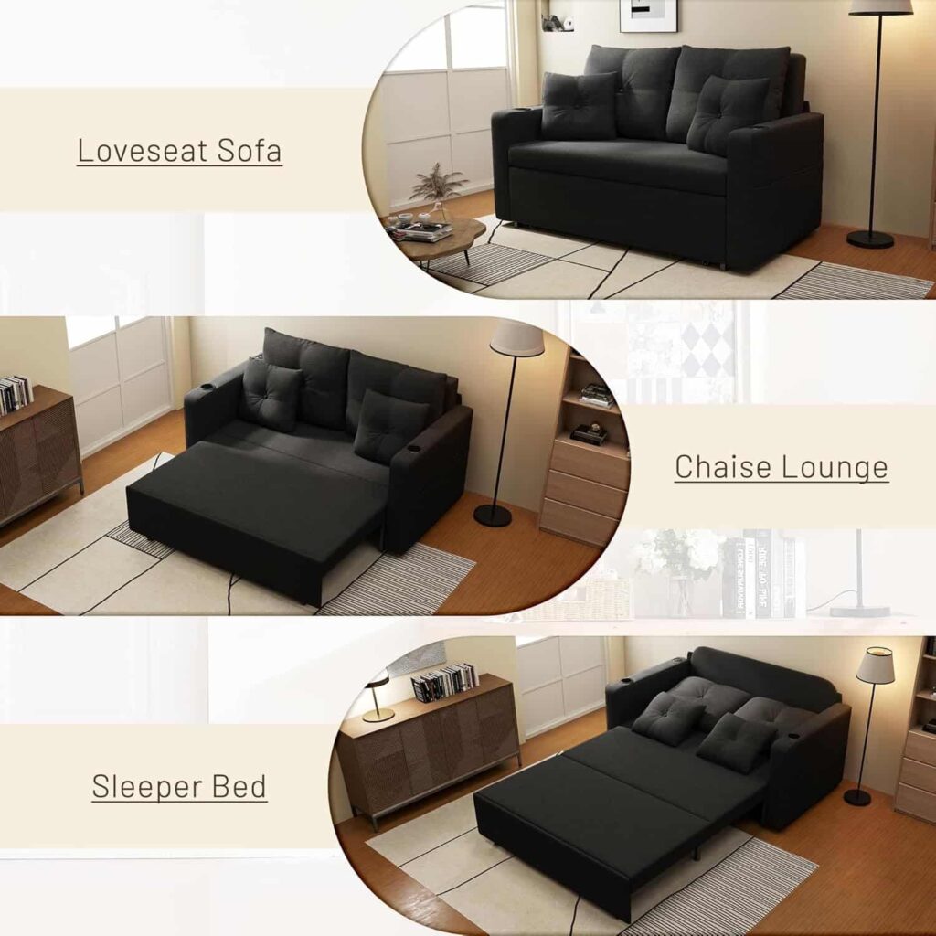 Krcix 3-in-1 convertible sofa bed in black showing sofa and bed configurations