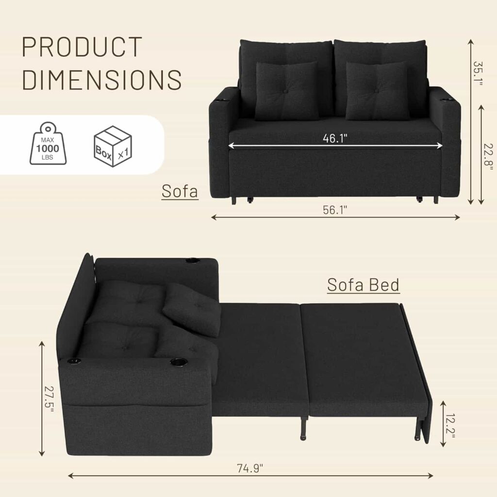 Krcix 3-in-1 convertible sofa bed in black showing sofa and bed configurations