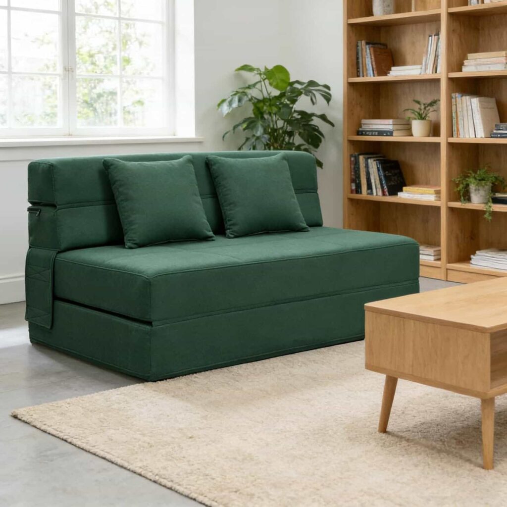 ANONER memory foam queen futon sofa bed in dark green shown in sofa configuration