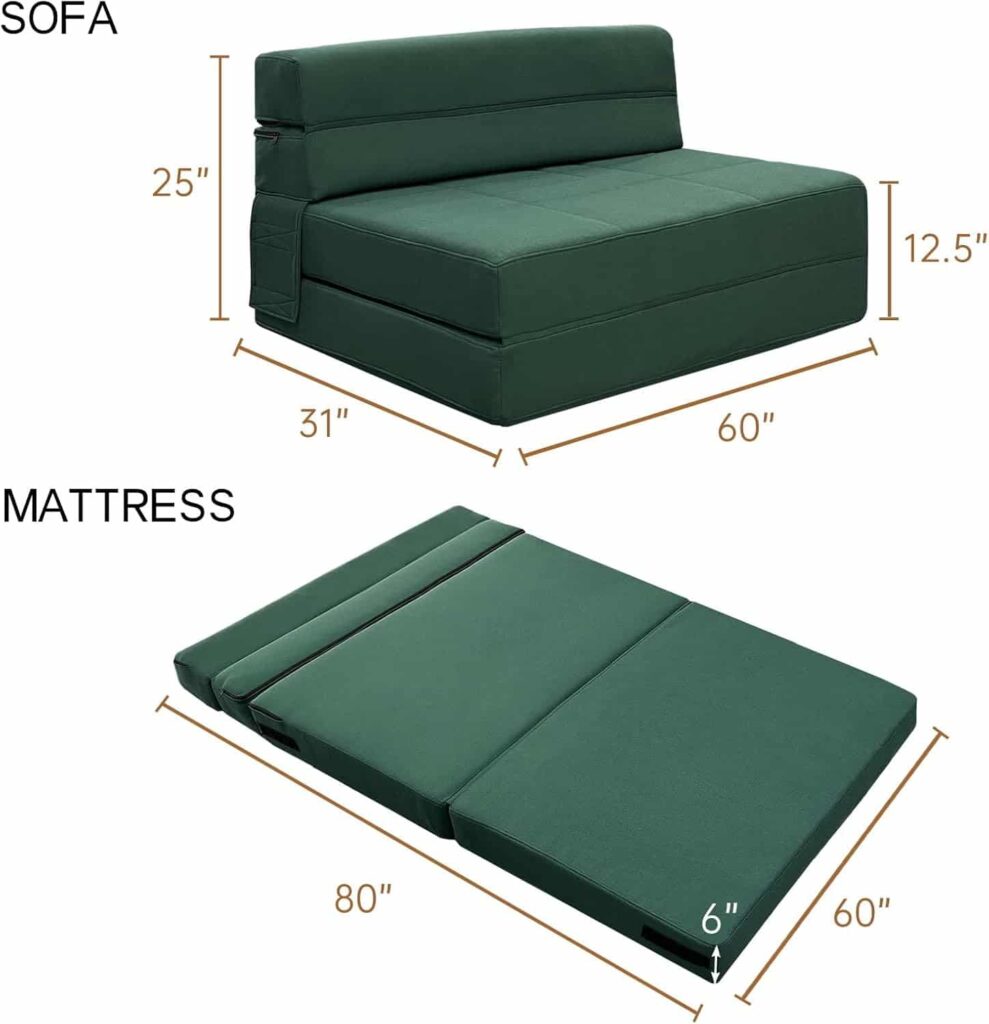 ANONER memory foam queen futon sofa bed in dark green shown in sofa configuration