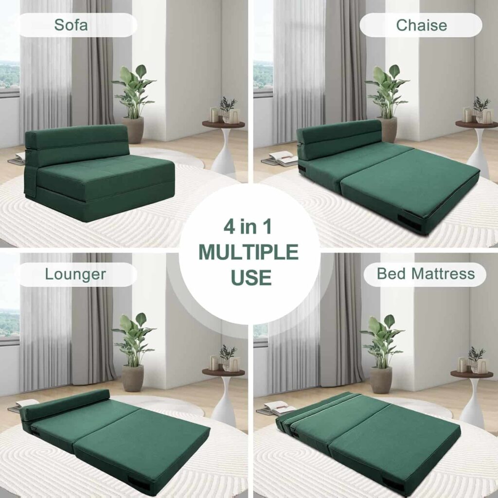 ANONER memory foam queen futon sofa bed in dark green shown in sofa configuration