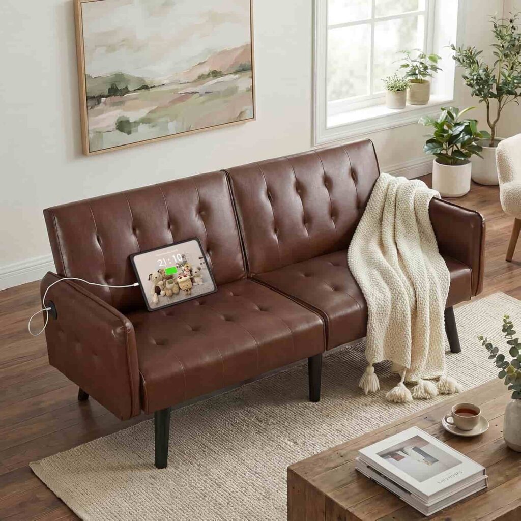 TYBOATLE 65 inch faux leather convertible futon sofa bed in brown mid-century style