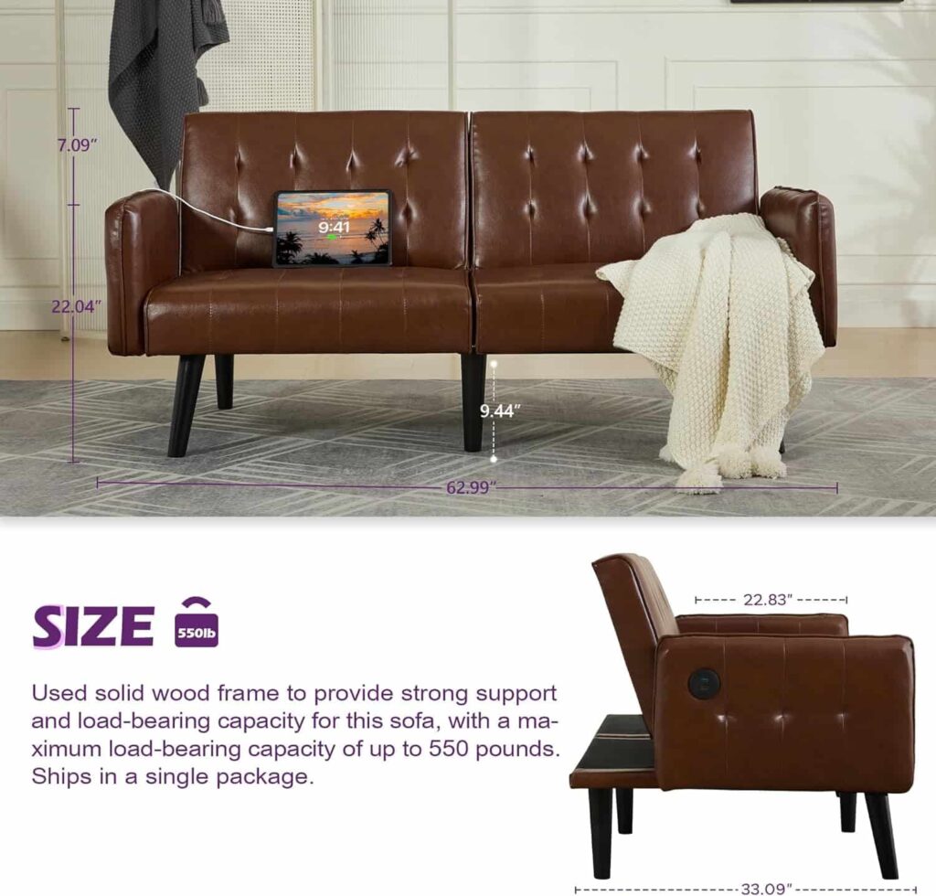 TYBOATLE 65 inch faux leather convertible futon sofa bed in brown mid-century style