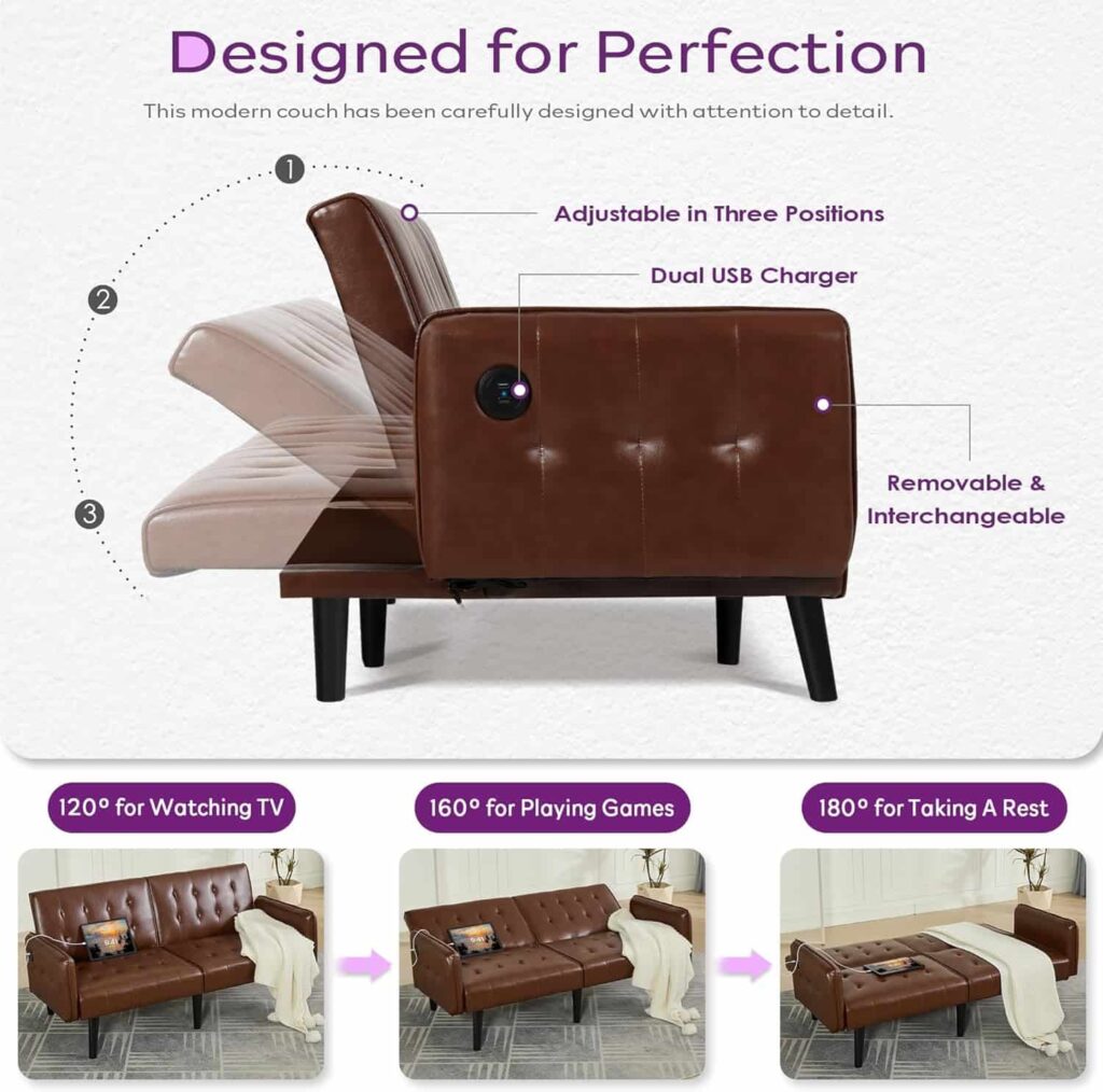 TYBOATLE 65 inch faux leather convertible futon sofa bed in brown mid-century style