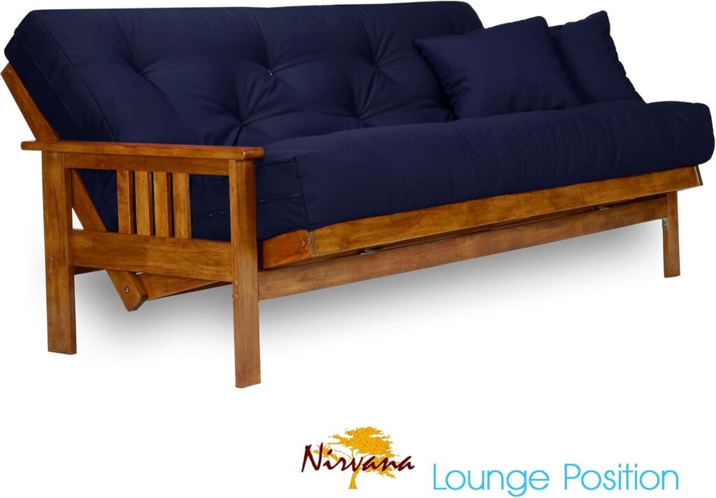 Nirvana Futons Stanford full size futon with wood frame and navy blue mattress