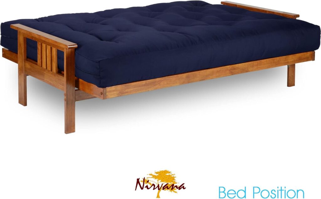 Nirvana Futons Stanford full size futon with wood frame and navy blue mattress