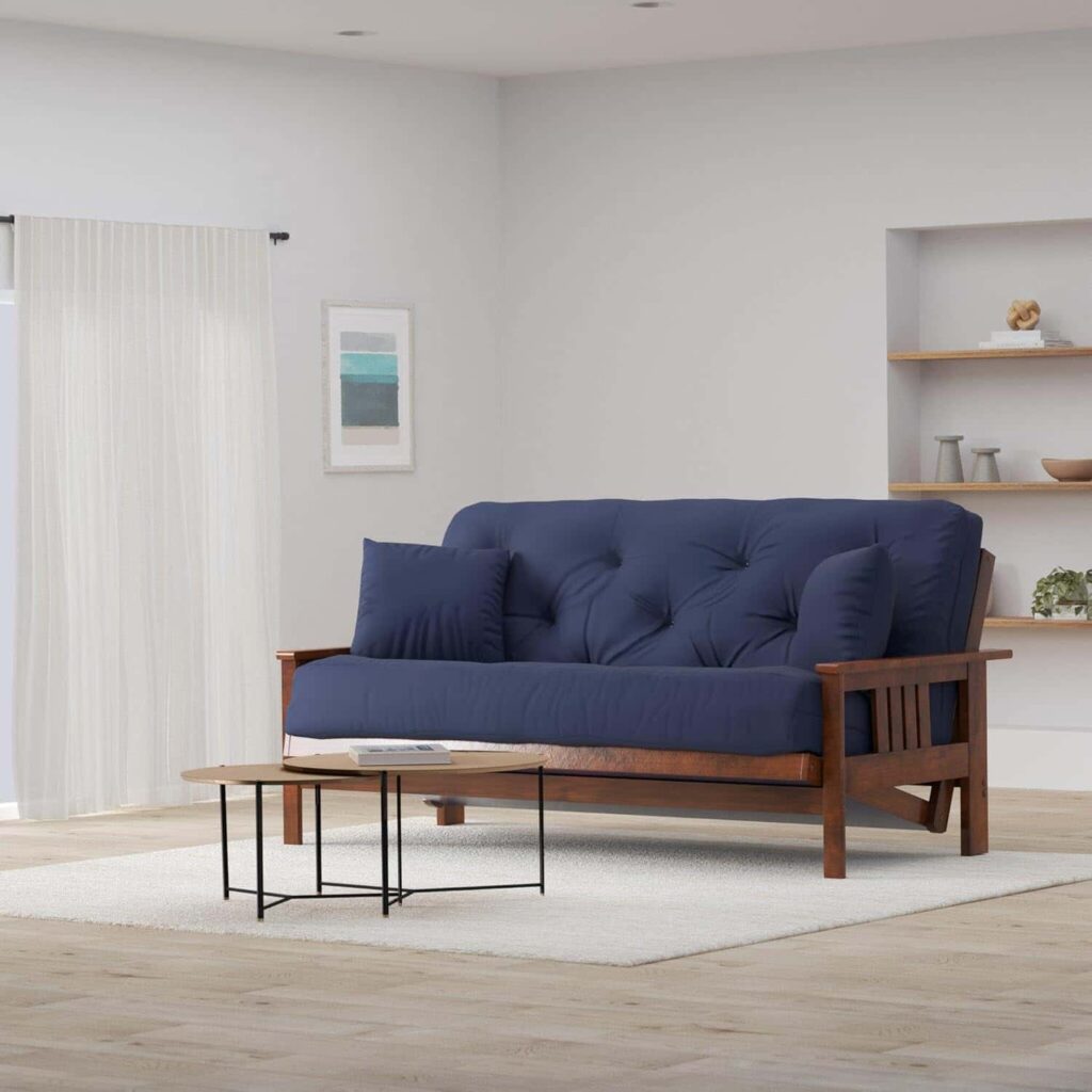 Nirvana Futons Stanford full size futon with wood frame and navy blue mattress