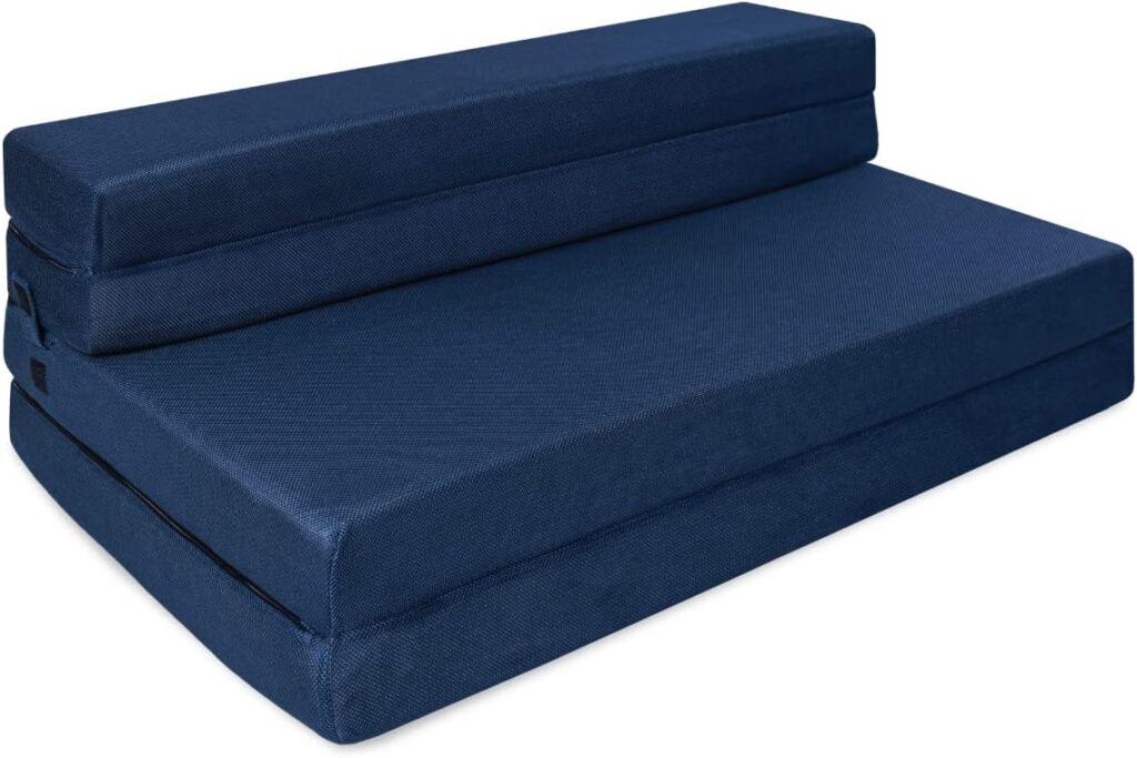 Milliard trifold mattress sofa shown folded as a seat and flat as a bed