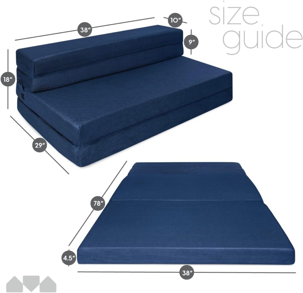 Milliard trifold mattress sofa shown folded as a seat and flat as a bed