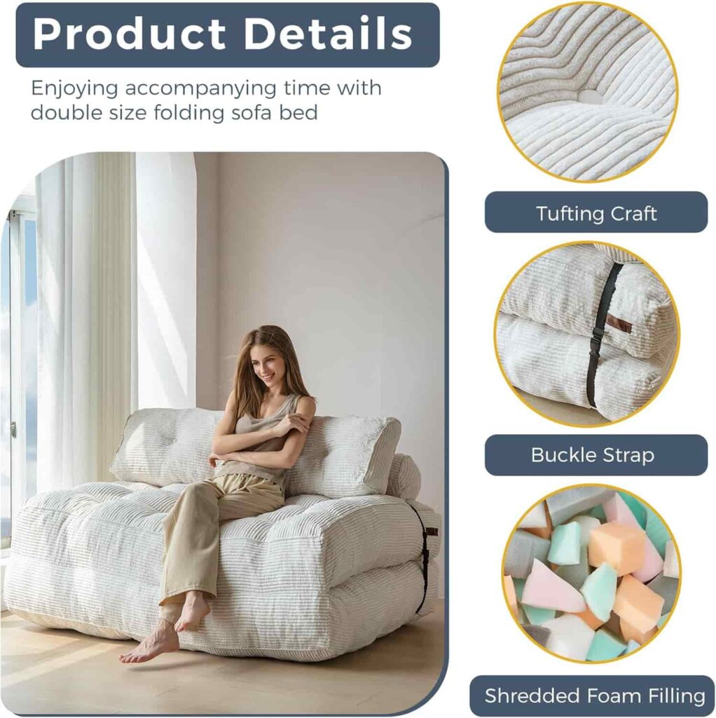 MAXYOYO folding floor sofa in beige shown as a seat and flat as a bed