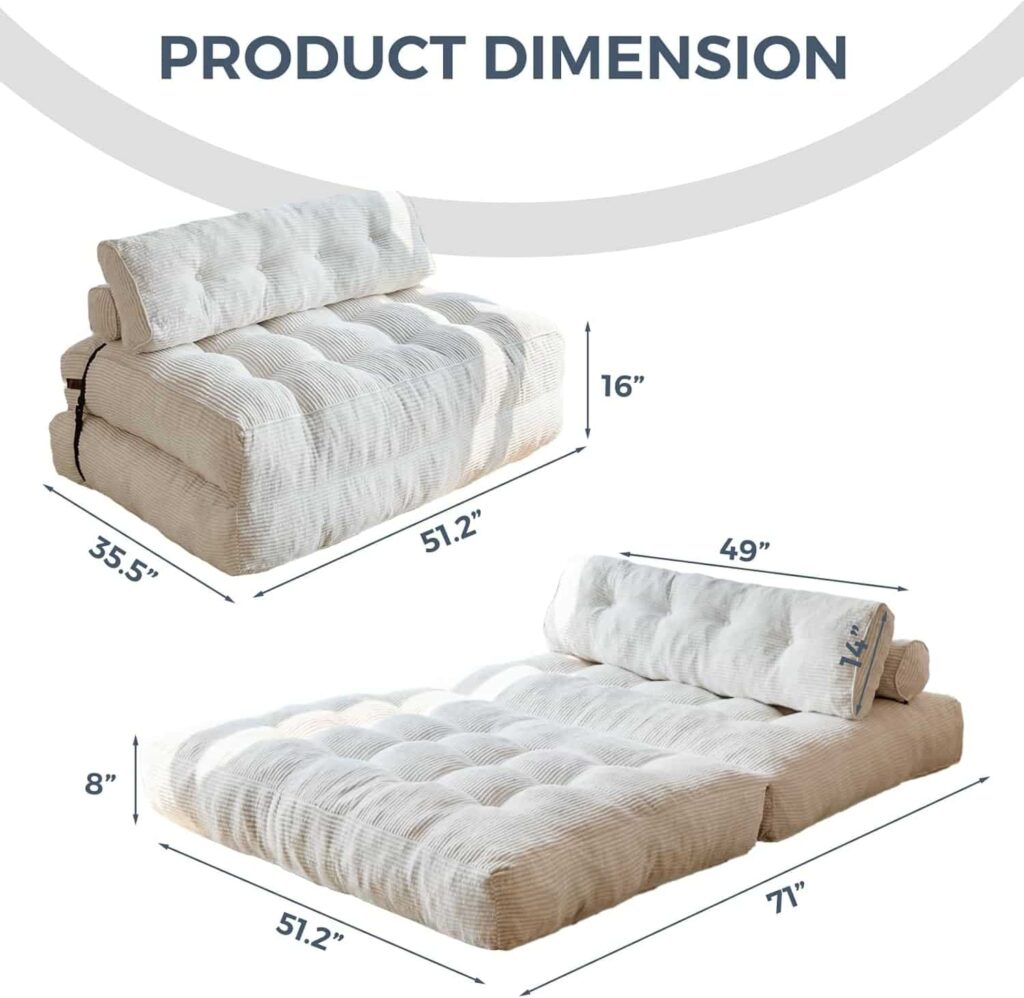 MAXYOYO folding floor sofa in beige shown as a seat and flat as a bed