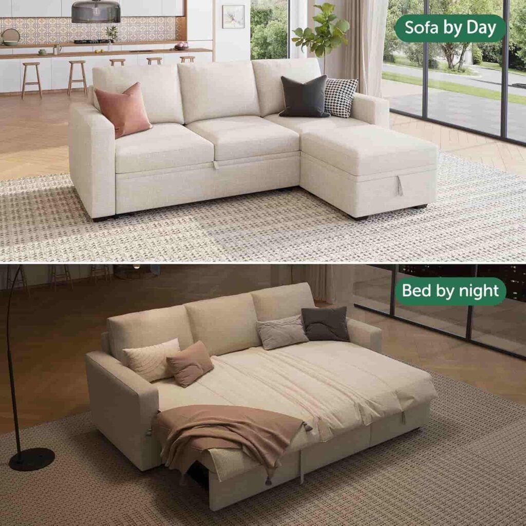 HONBAY modular L-shaped sectional sleeper sofa in beige with pull out bed
