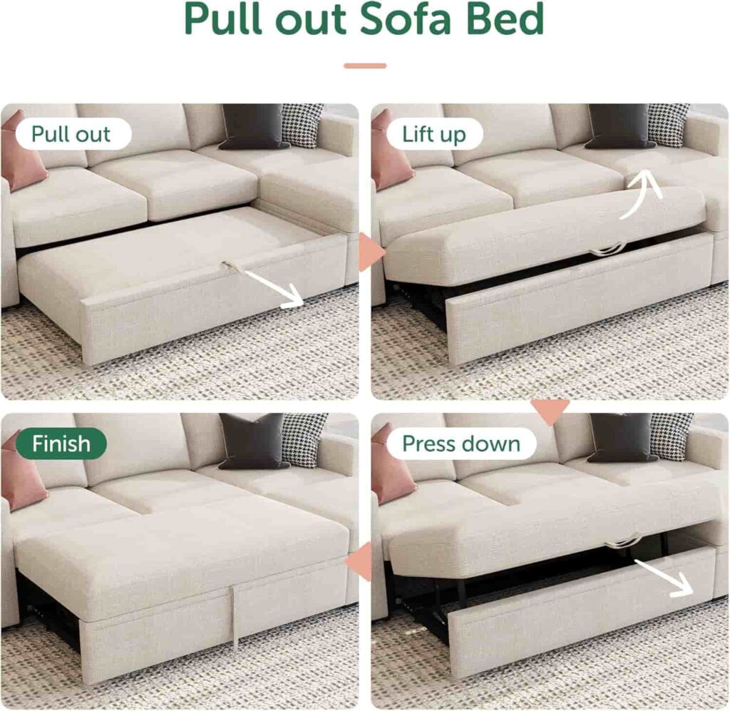 HONBAY modular L-shaped sectional sleeper sofa in beige with pull out bed