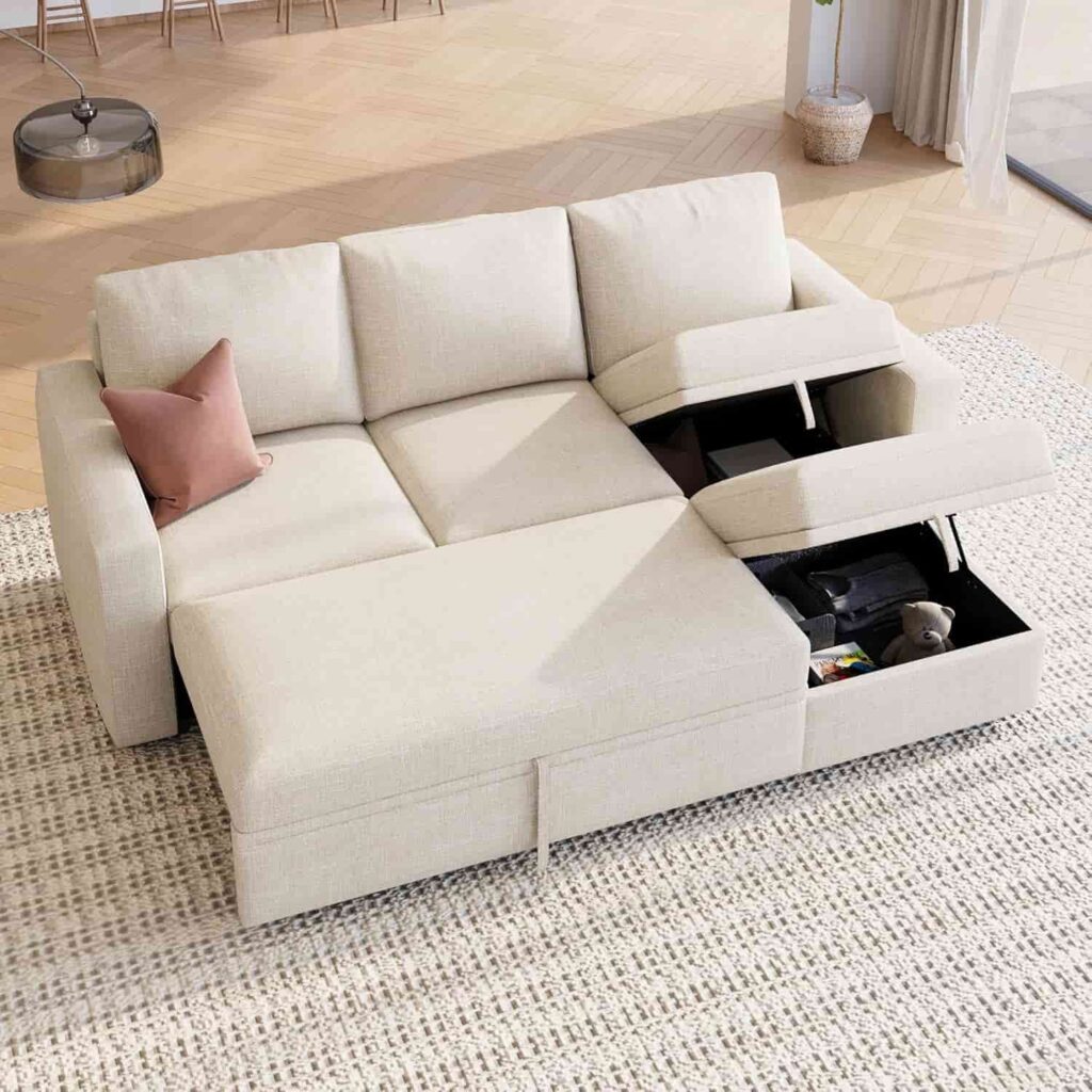 HONBAY modular L-shaped sectional sleeper sofa in beige with pull out bed
