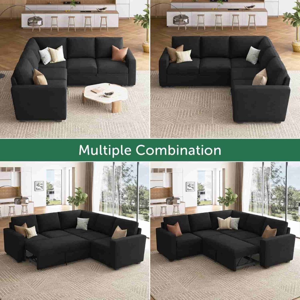 HONBAY velvet black L-shaped sectional sleeper sofa with pull out bed and storage