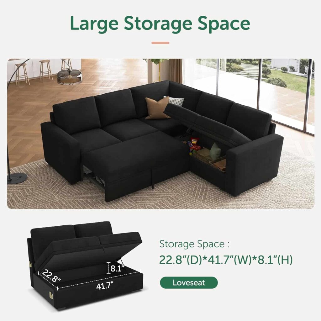 HONBAY velvet black L-shaped sectional sleeper sofa with pull out bed and storage