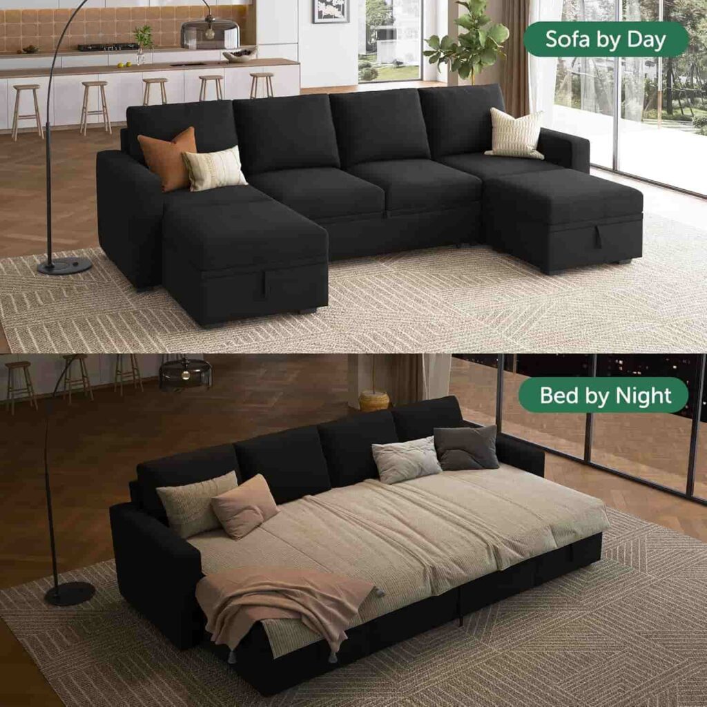 HONBAY modular U-shaped sectional sleeper sofa in velvet black with storage ottoman