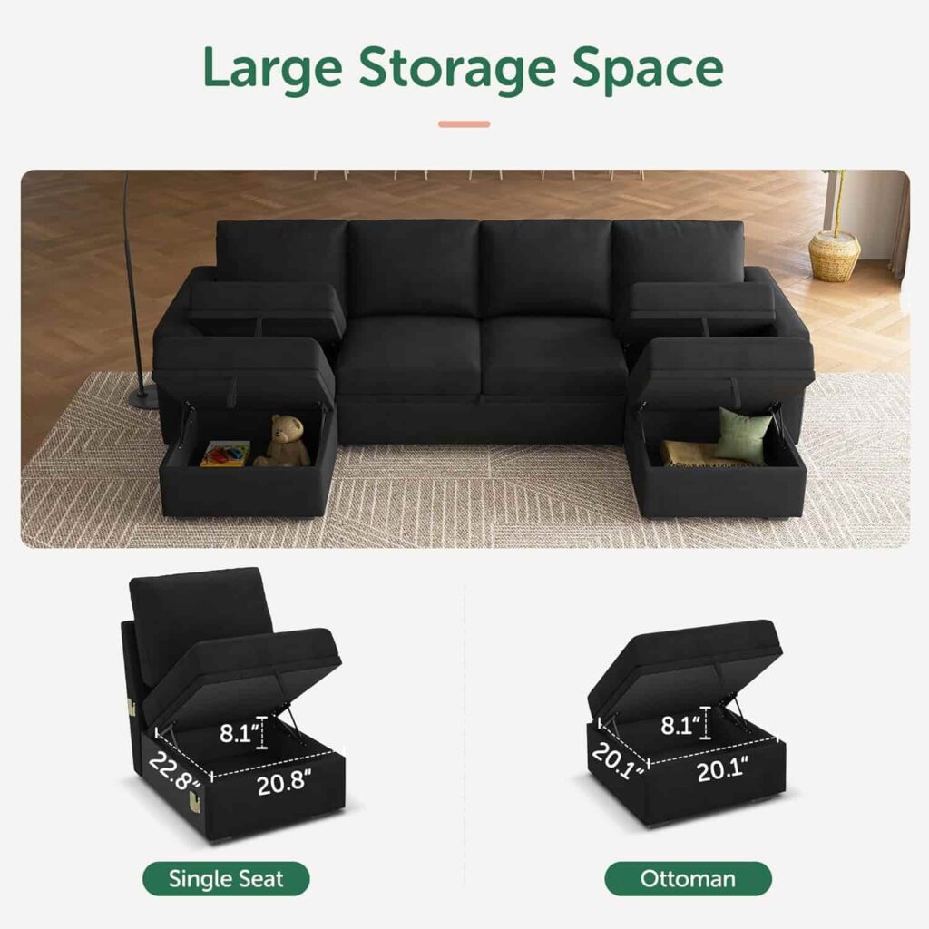 HONBAY modular U-shaped sectional sleeper sofa in velvet black with storage ottoman