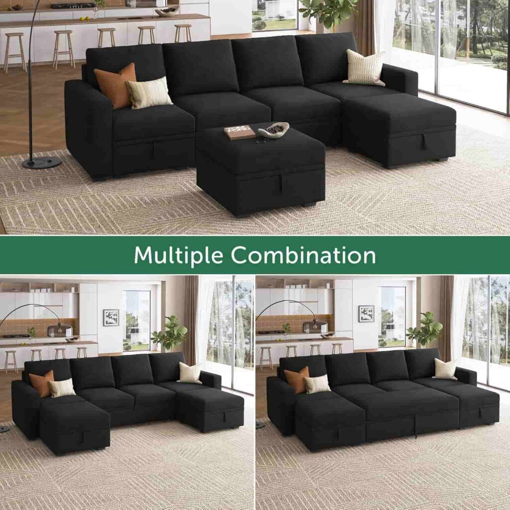 HONBAY modular U-shaped sectional sleeper sofa in velvet black with storage ottoman