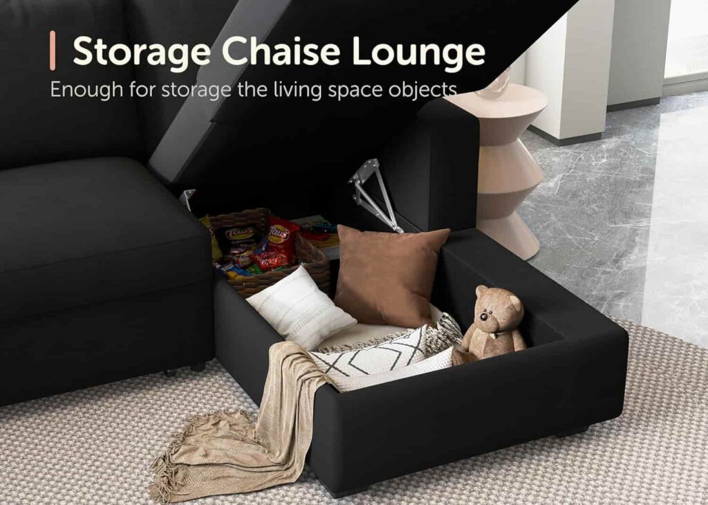 HONBAY U-shaped 6-seater sectional sleeper sofa in velvet black with storage chaise