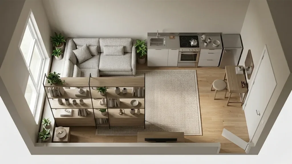 studio apartment with sofa bed against wall