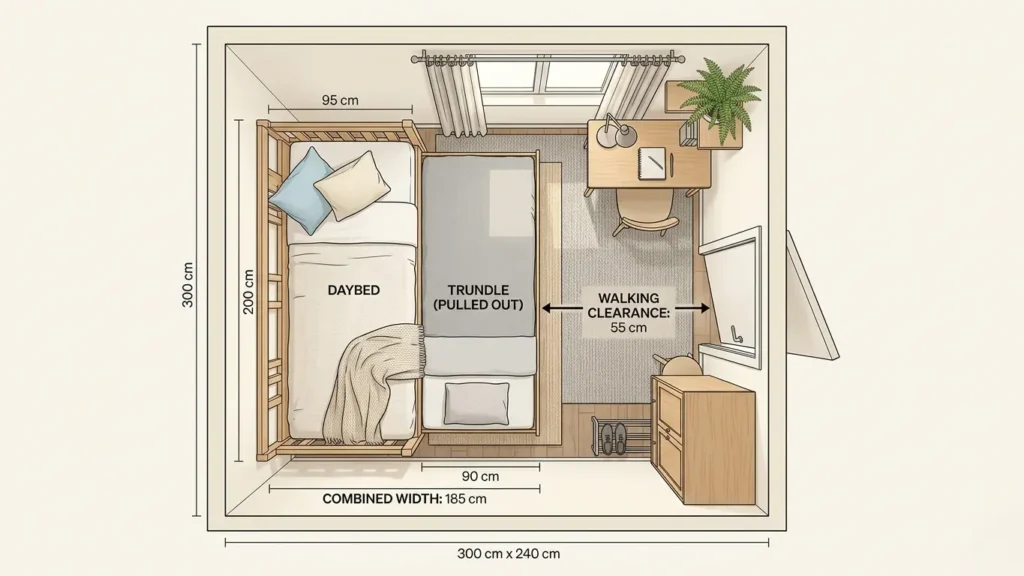 Bedroom floor plan illustration showing daybed against wall with trundle extended and measurement labels for each zone
