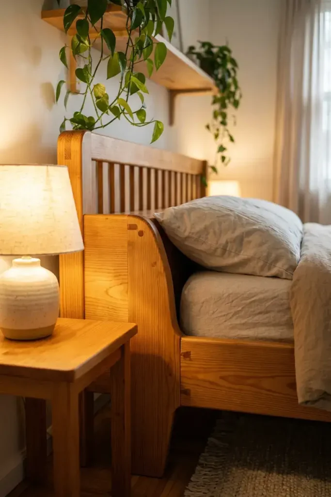 Close-up detail of a solid wood platform bed corner joint showing natural wood grain texture and warm pine finish in a cosy small bedroom with a lamp and trailing plant
