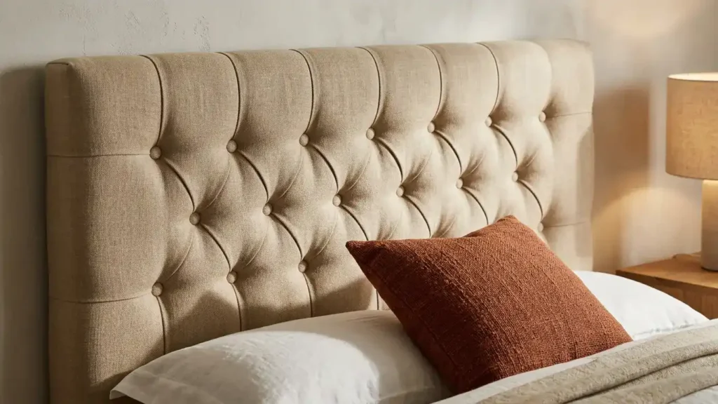 Close-up of a beige linen button-tufted upholstered headboard with a terracotta cushion leaning against it, showing the stitching detail and foam padding depth