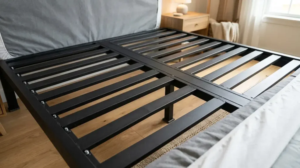 Close-up of a black metal platform bed frame showing the steel slat system with a visible central support bar and leg underneath