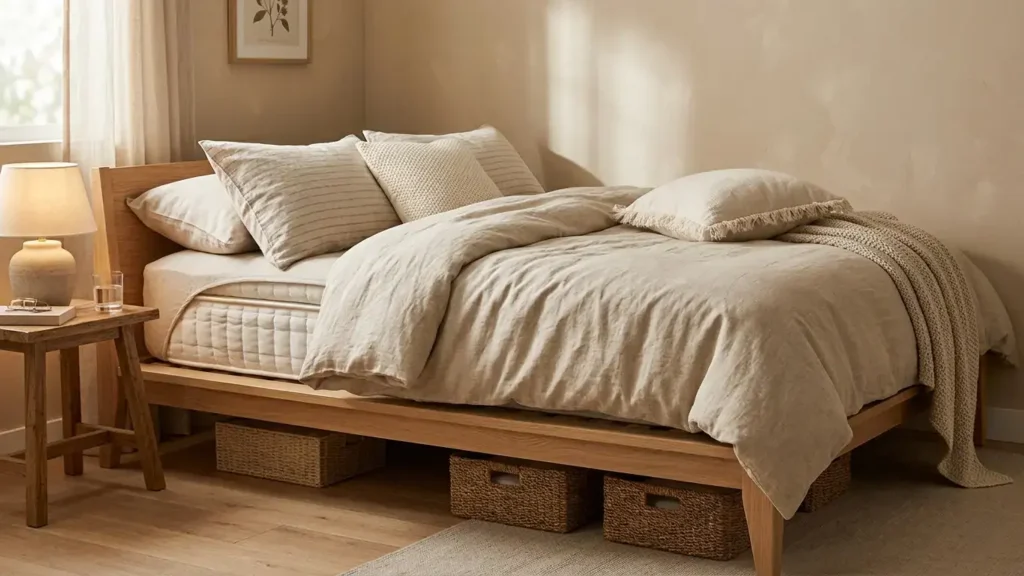 Close-up of a neatly made platform bed showing mattress thickness and under-bed storage clearance in a small bedroom