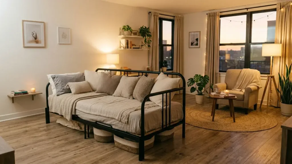 Daybed used as a room divider in a studio apartment with cushions on back and seat and a living area visible beyond