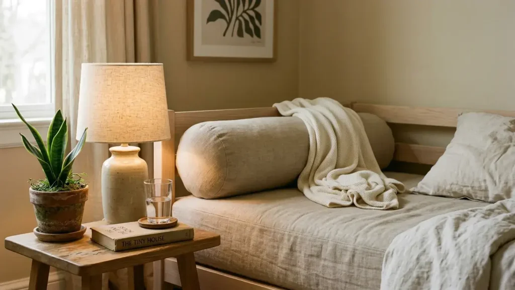 End of a styled daybed with a low side table holding a lamp, glass of water and plant beside bolster cushion and throw