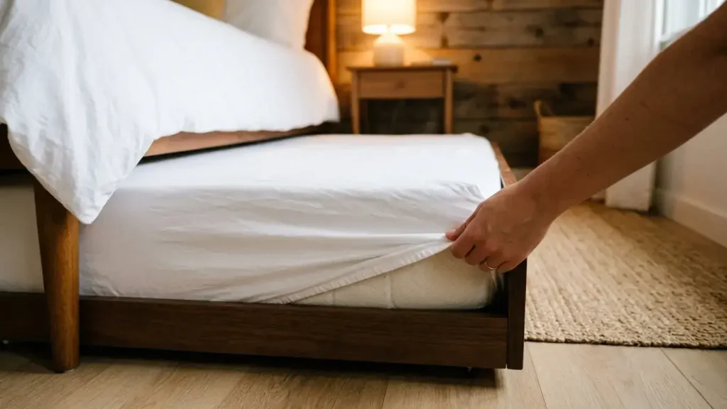 Hand tucking a fitted sheet corner onto a thin trundle mattress showing a snug fit