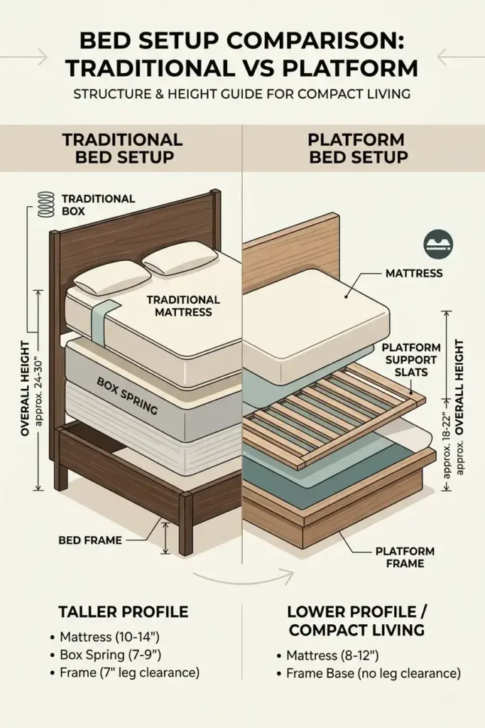 Infographic diagram comparing the layers of a traditional box spring bed setup versus a platform bed setup showing height and component differences