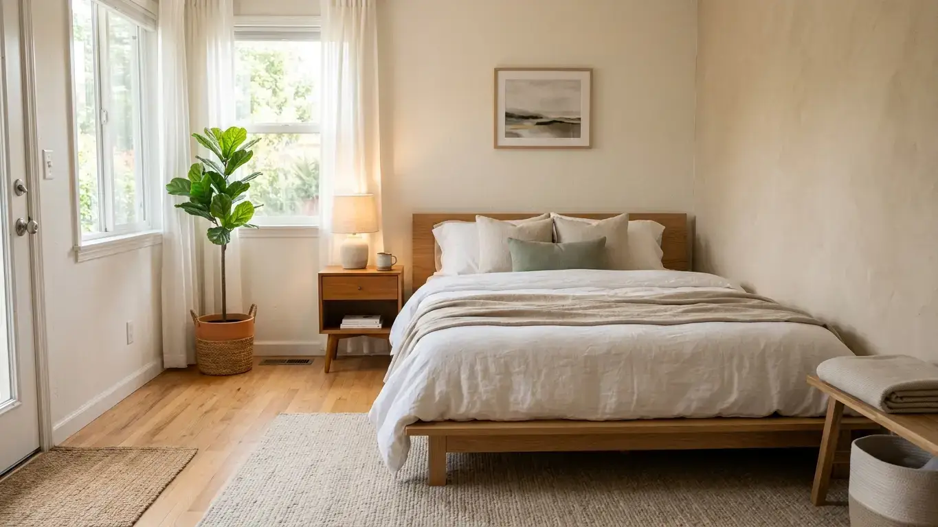 Low-profile wood platform bed in a small bedroom with natural light, side table and plant