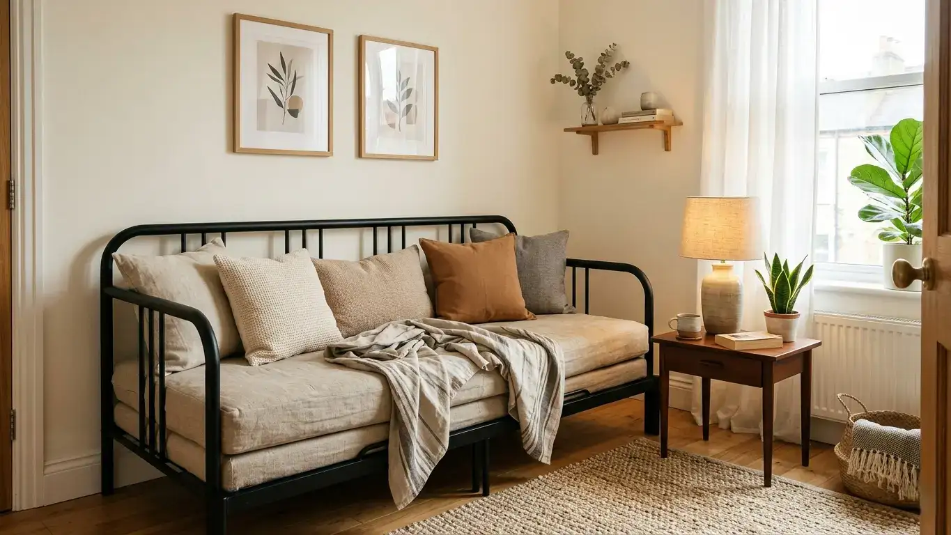 Metal daybed styled as a sofa in a small apartment room with cushions, throw and side table