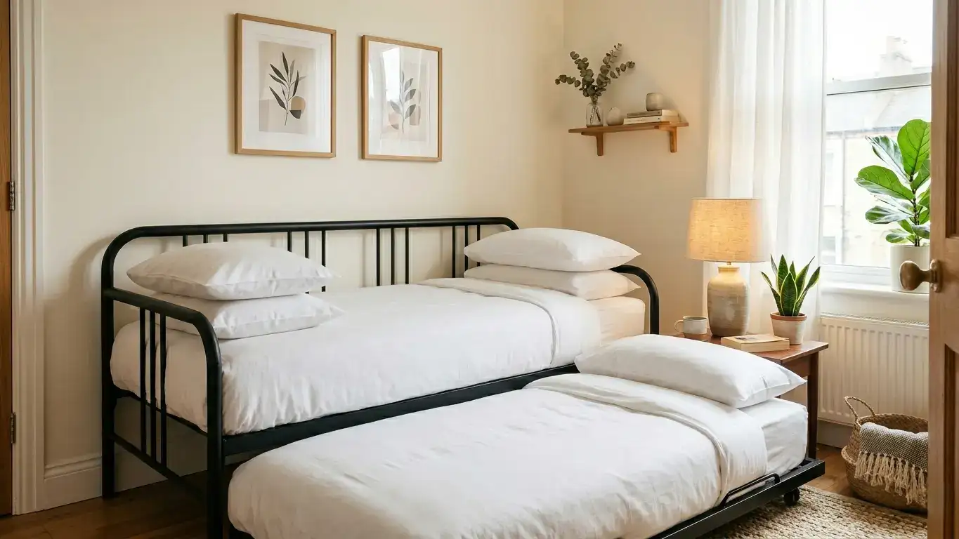 Metal daybed with trundle pulled out halfway in a small tidy guest bedroom with white bedding on both surfaces
