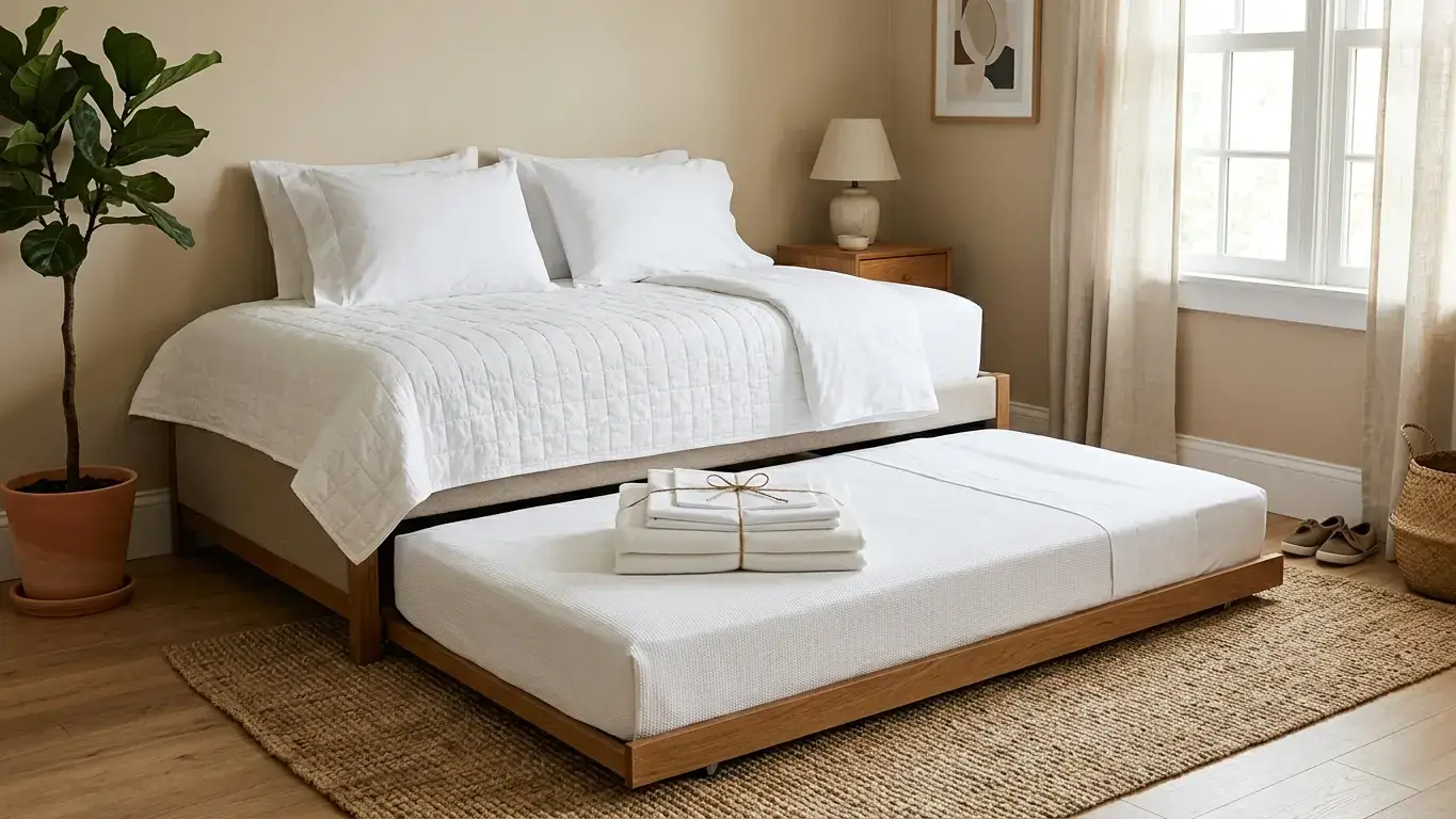 Neatly made trundle bed pulled out beside a daybed with clean white bedding on both