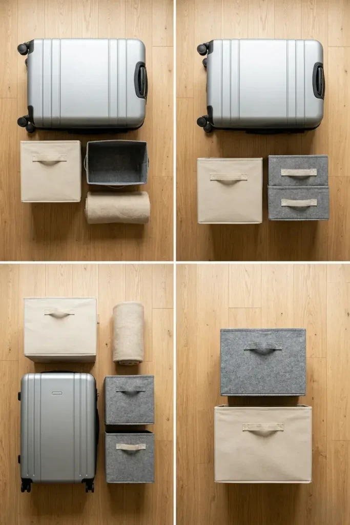 Overhead flat-lay showing what storage items fit under a queen platform bed at different clearance heights with a suitcase, storage bins and rolled blanket arranged on a light floor