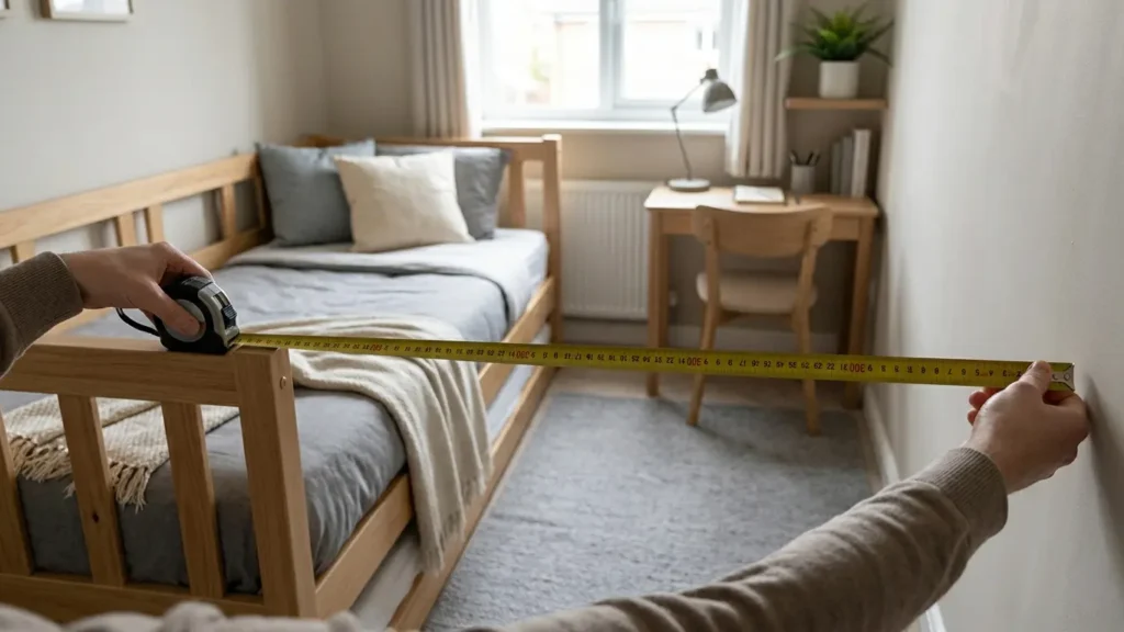 Person measuring the width of a bedroom with a tape measure from the wall where a daybed sits to the opposite wall