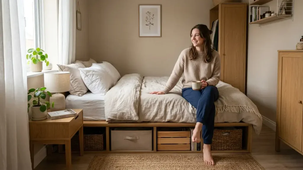 Person sitting on the edge of a low-profile platform bed in a small organised bedroom with visible under-bed storage space