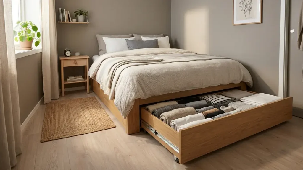 Platform bed with a storage drawer pulled out showing neatly folded clothes and bedding inside a small organised bedroom