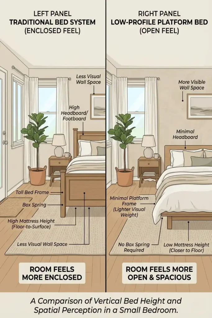 Side-by-side comparison of a tall traditional bed frame versus a low-profile platform bed in the same small bedroom showing how the platform bed makes the room feel more open
