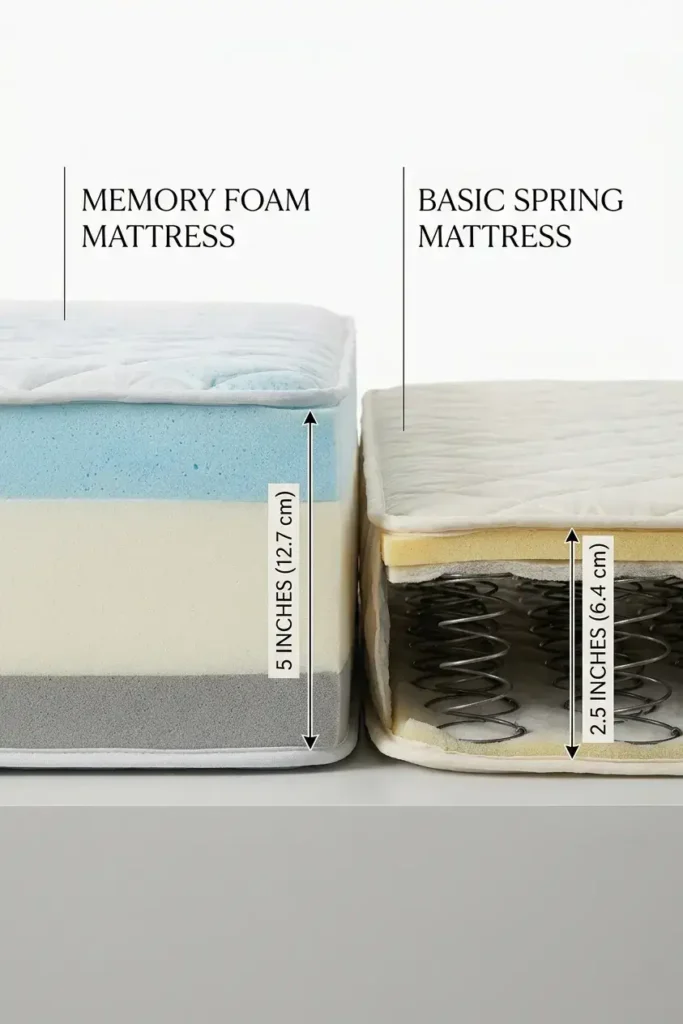 Side-by-side cross-section comparison of a thick memory foam sofa bed mattress and a thin spring mattress showing depth difference